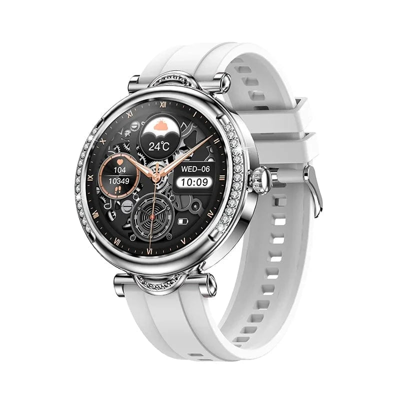 Silver Silicone Strap 2024 CF32 1.27 "inch HD Realtek8763EWE Chip with Diamond Ladies Smart Bracelet Women Smart Watch FitcloudPro