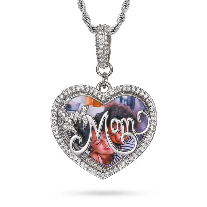 Silver Sublimation Jewelry Punk Men Women Iced Out MOM Heart Custom Photo Memory Pendant Necklace With Gift Box