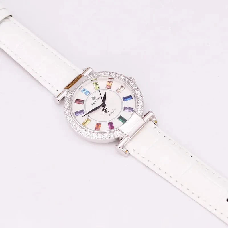 Silver White Prong Setting Luxury Clock Lady Women's Watch Fashion Hours Bracelet Colorful Rhinestone Girl Birthday Gift Royal Crown Box