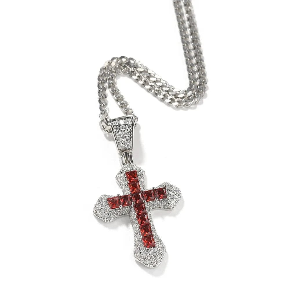 Silver Zircon Fashion Cross Necklace Red Blue Stones Man Women Hip Hop Jewelry Ins Personality Diamond Pendant