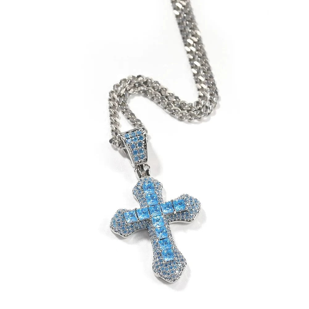 Silver Zircon Fashion Cross Necklace Red Blue Stones Man Women Hip Hop Jewelry Ins Personality Diamond Pendant