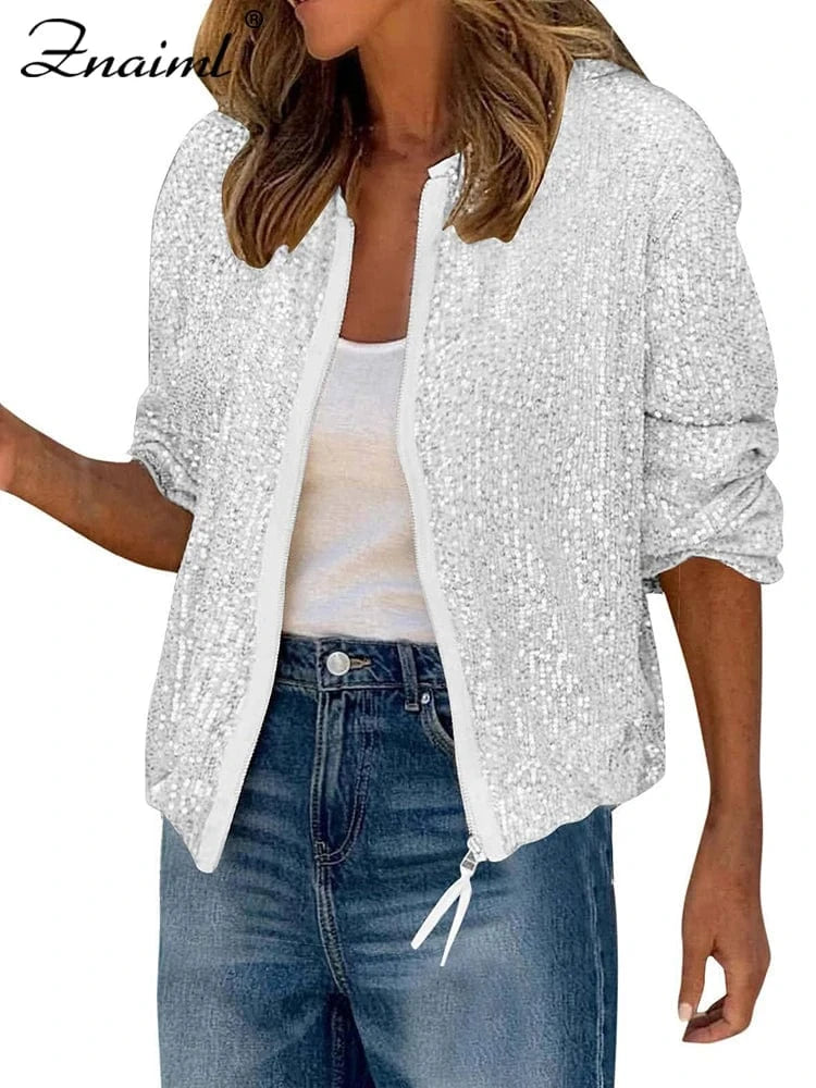 silvery coats / XXL Znaiml Women Luxury Sequin Jacket Y2k Harajuku Green Color Zipper Long Sleeve Short Coat Autumn Winter Ladies Night Clubwear New