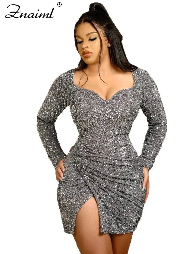 silvery gray dress / S Znaiml Sexy Night Club Birthday Party Mini Dresses African Women Long Sleeve Split Sequins Silvery Vestidos Prom Festival 2025