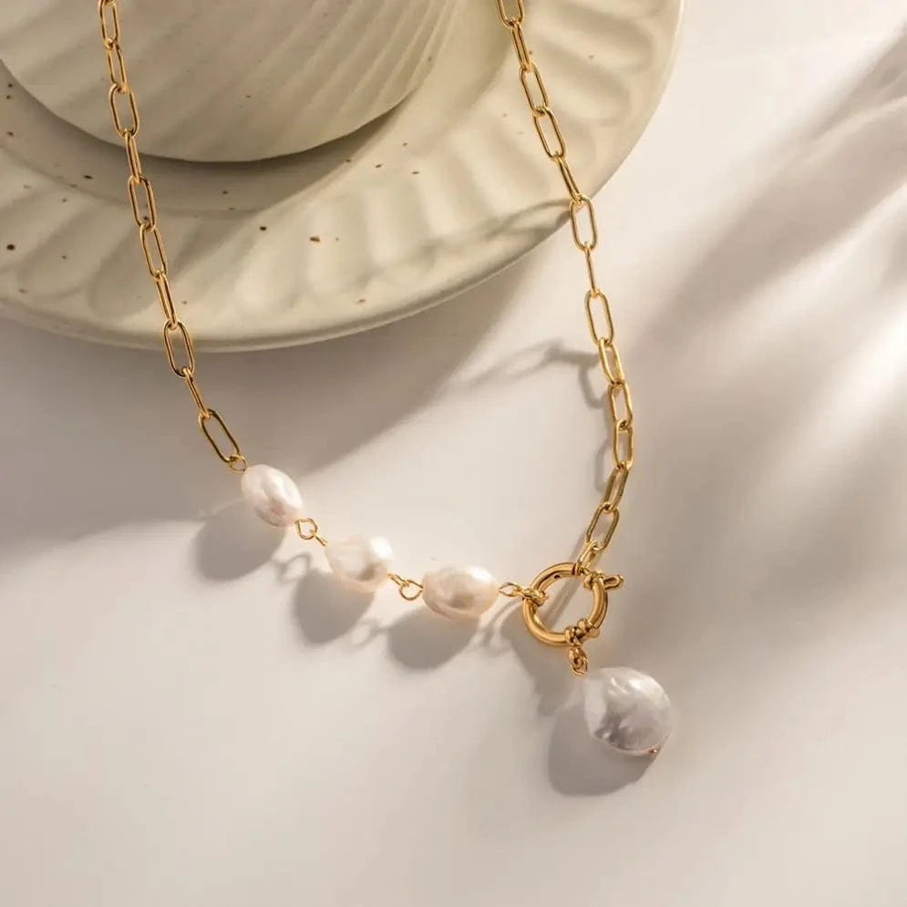 simple / 18inches / N2350 N2350 New Jewelry Stainless Steel Spring Lock Half Paperclip Chain Freshwater Pearl Necklace for Women