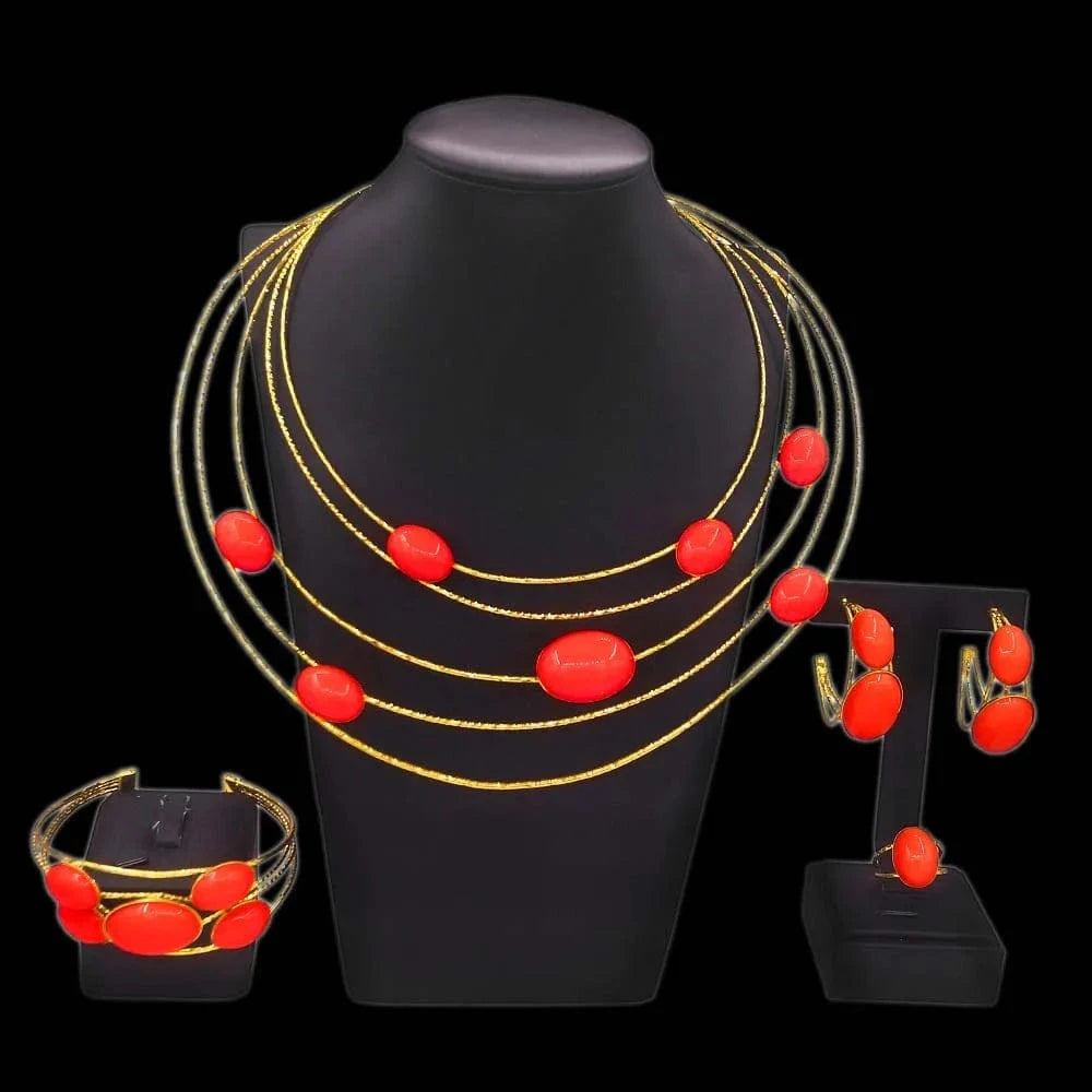simple / Gold Yulaili new arrival red color Chain 18K brazilian Gold Jewelry Set Unique Wedding Party Necklace Earring Ring Lady Jewellery Set