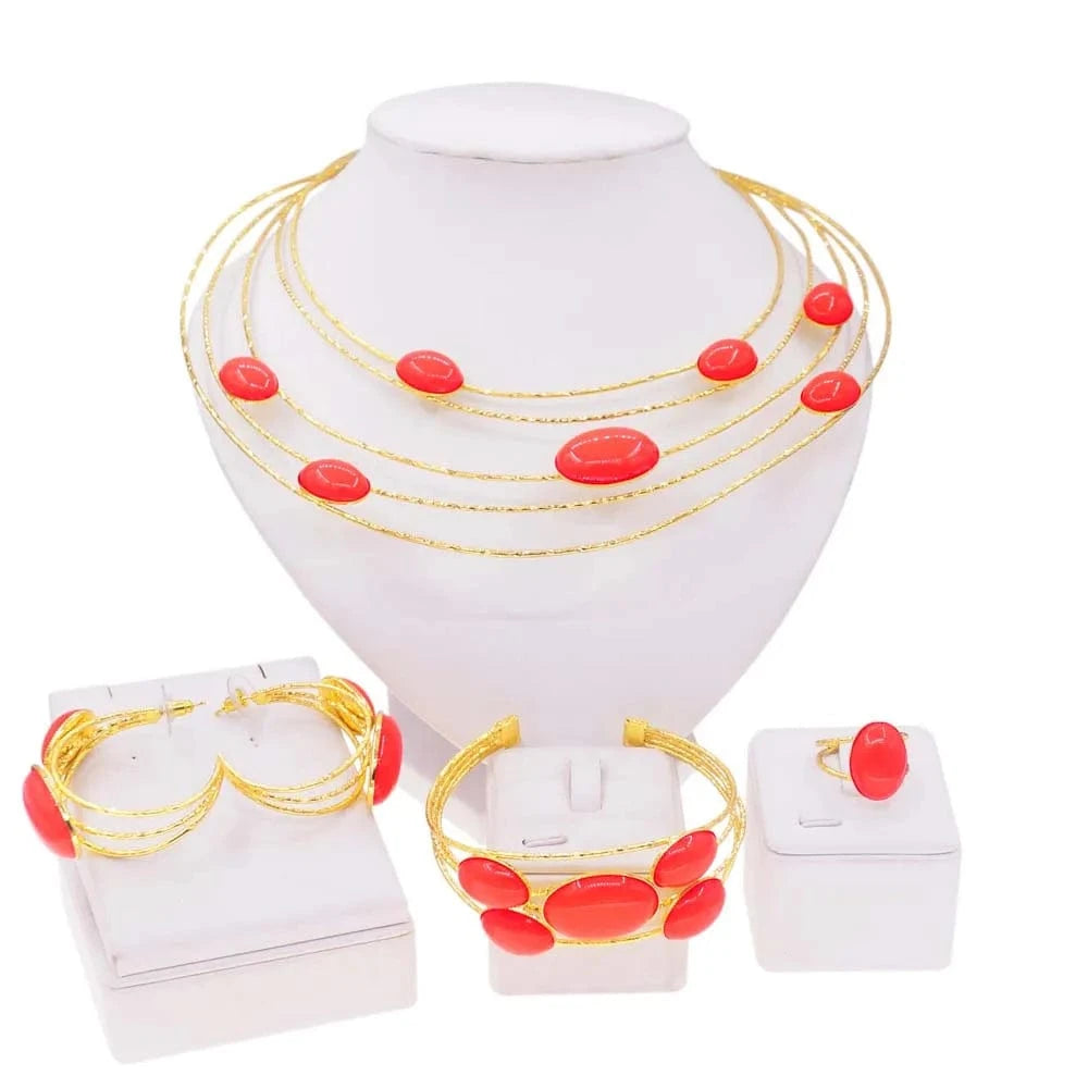 simple / Gold Yulaili new arrival red color Chain 18K brazilian Gold Jewelry Set Unique Wedding Party Necklace Earring Ring Lady Jewellery Set
