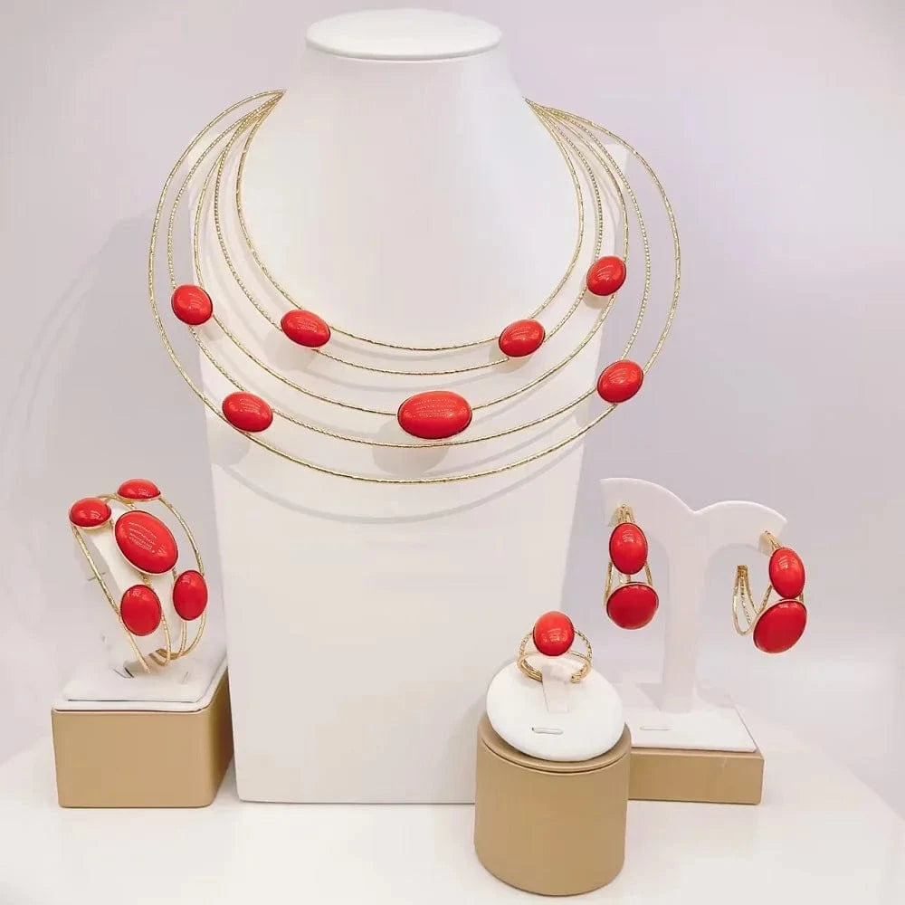 simple / Gold Yulaili new arrival red color Chain 18K brazilian Gold Jewelry Set Unique Wedding Party Necklace Earring Ring Lady Jewellery Set