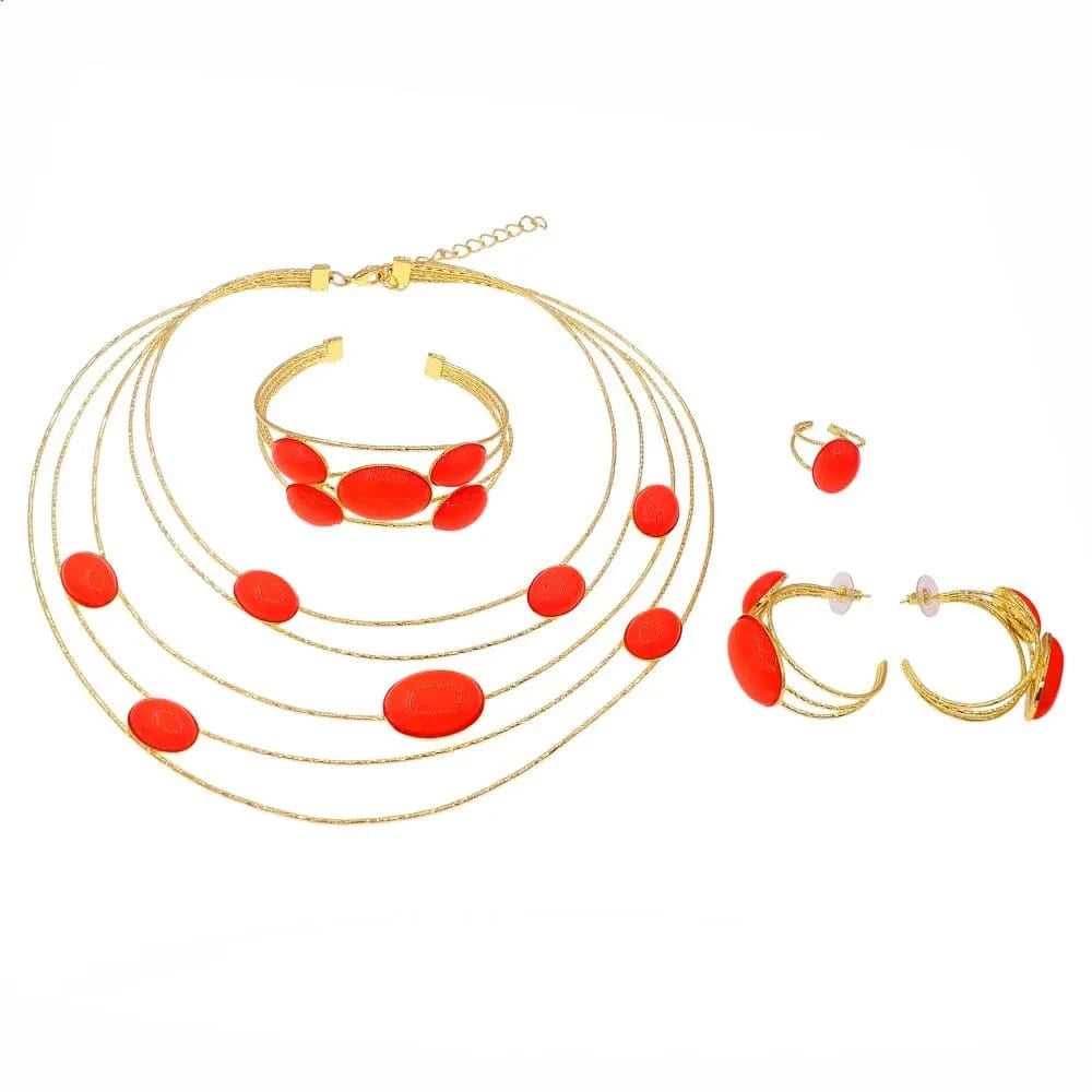 simple / Gold Yulaili new arrival red color Chain 18K brazilian Gold Jewelry Set Unique Wedding Party Necklace Earring Ring Lady Jewellery Set