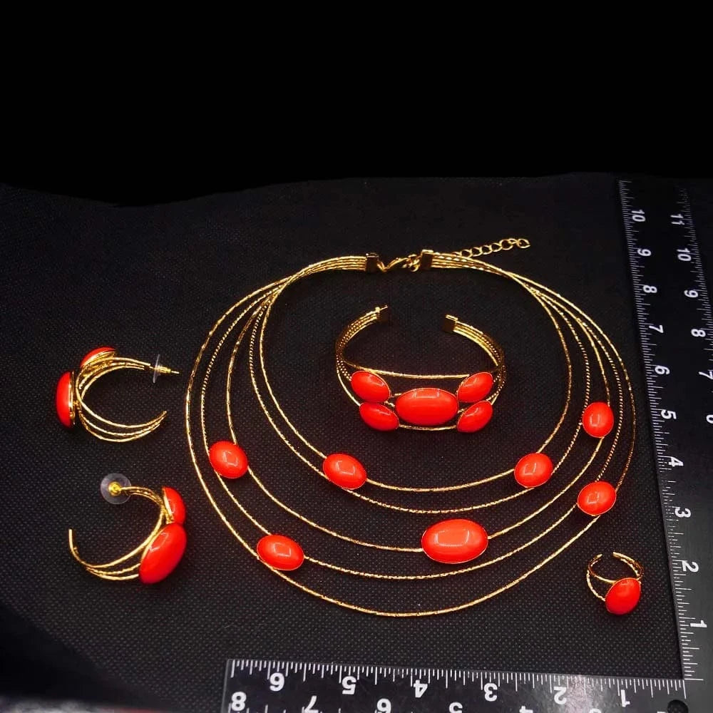 simple / Gold Yulaili new arrival red color Chain 18K brazilian Gold Jewelry Set Unique Wedding Party Necklace Earring Ring Lady Jewellery Set
