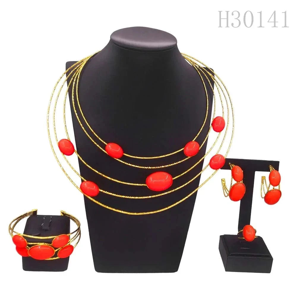 simple / Gold Yulaili new arrival red color Chain 18K brazilian Gold Jewelry Set Unique Wedding Party Necklace Earring Ring Lady Jewellery Set