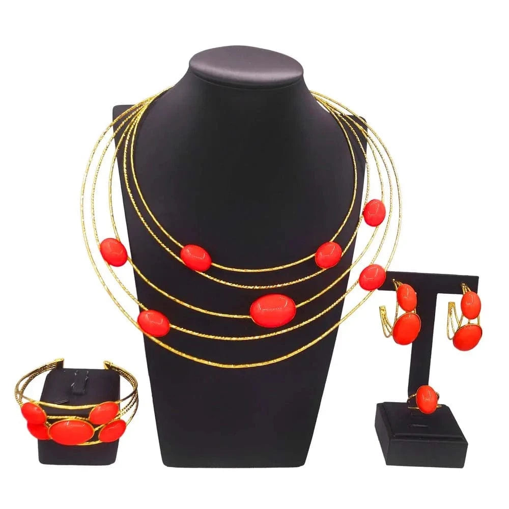 simple / Gold Yulaili new arrival red color Chain 18K brazilian Gold Jewelry Set Unique Wedding Party Necklace Earring Ring Lady Jewellery Set