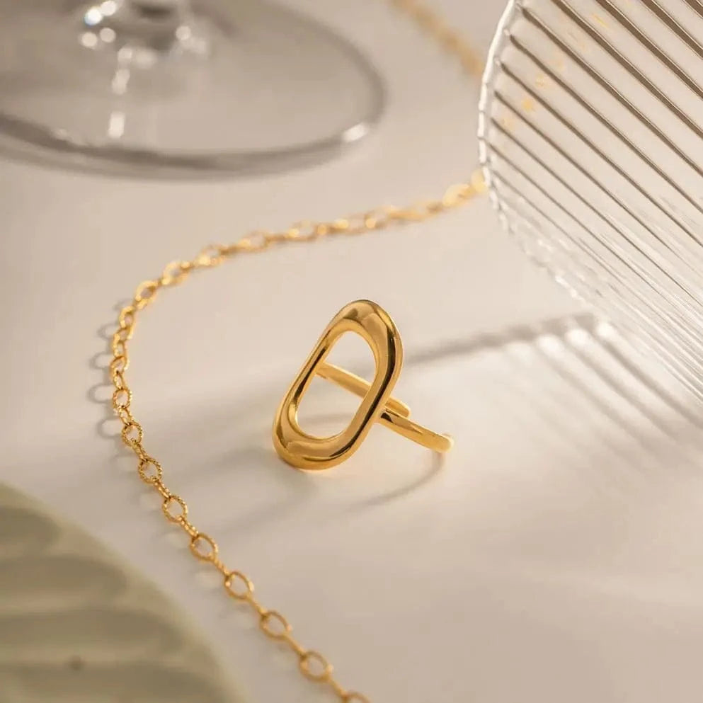 simple / R2010 R2010 Geometric Jewelry 18K Gold Plated Stainless Steel Hollow Square Open Ring for Girls