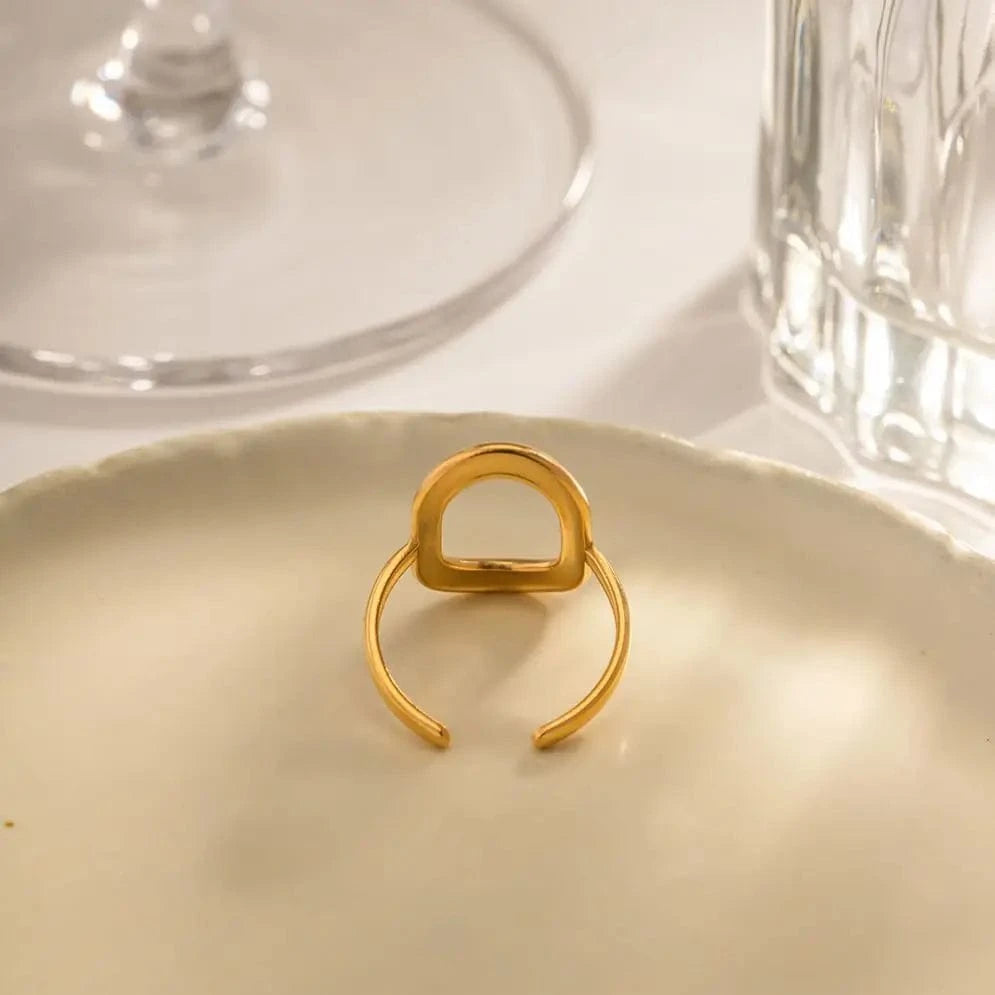 simple / R2010 R2010 Geometric Jewelry 18K Gold Plated Stainless Steel Hollow Square Open Ring for Girls