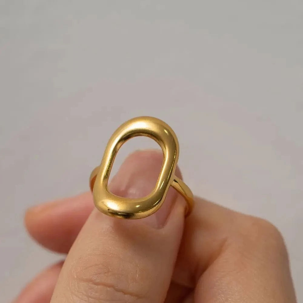simple / R2010 R2010 Geometric Jewelry 18K Gold Plated Stainless Steel Hollow Square Open Ring for Girls