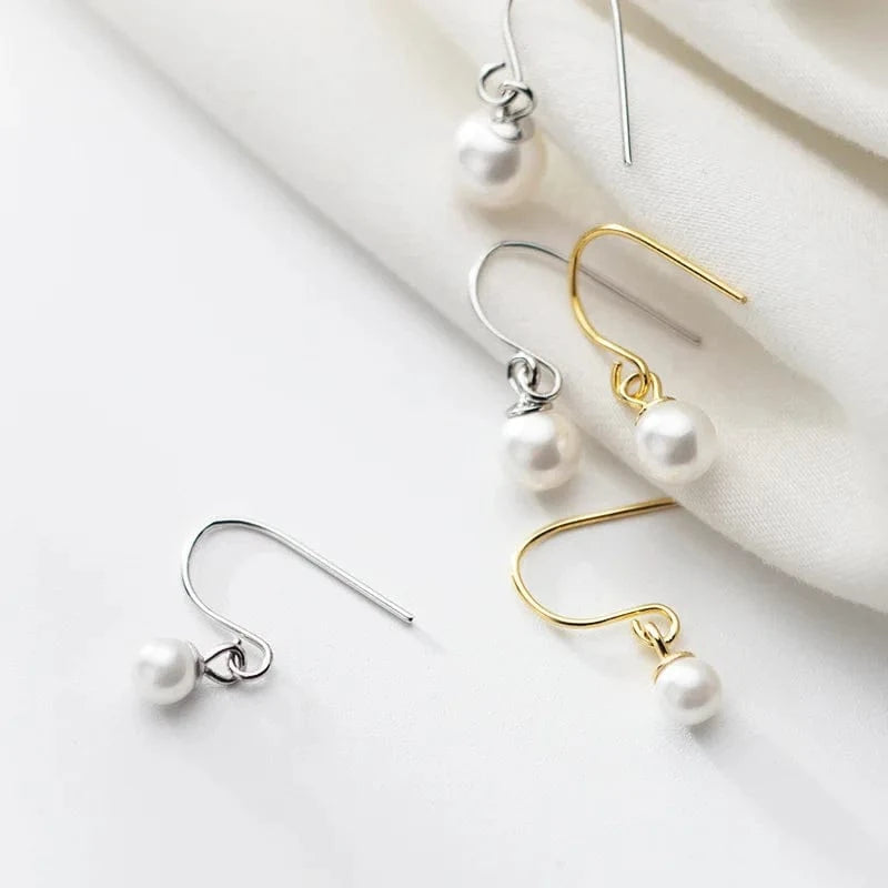 Simulated Round Pearl Drop Earrings For Women Birthday 925 Sterling Silver Jewelry Gifts