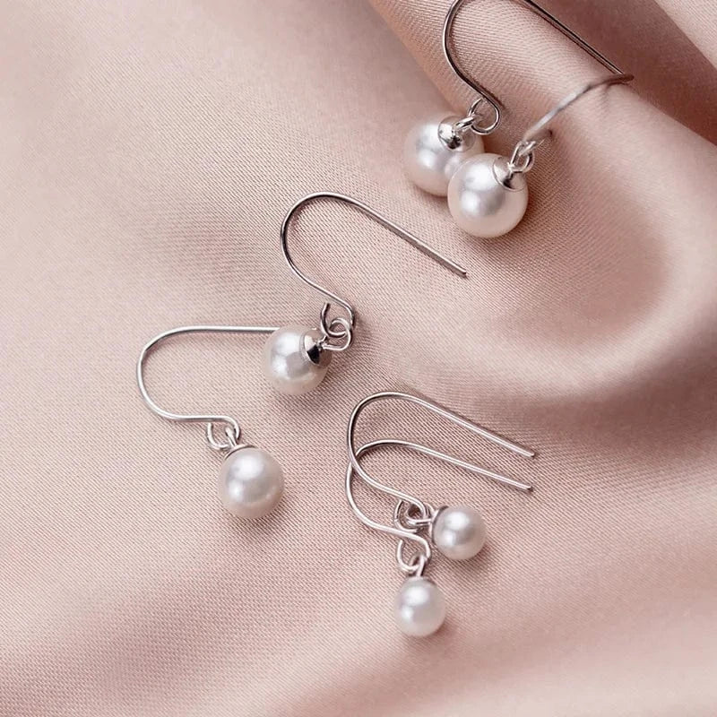 Simulated Round Pearl Drop Earrings For Women Birthday 925 Sterling Silver Jewelry Gifts