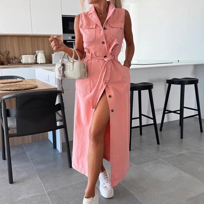 Single - Breasted Lace - Up Cardigan Dress, Women Summer Denim Style Sleeveless Maxi Dress, 2025 Solid Turn - Down Collar Ladies Dress - SN Wigs & More