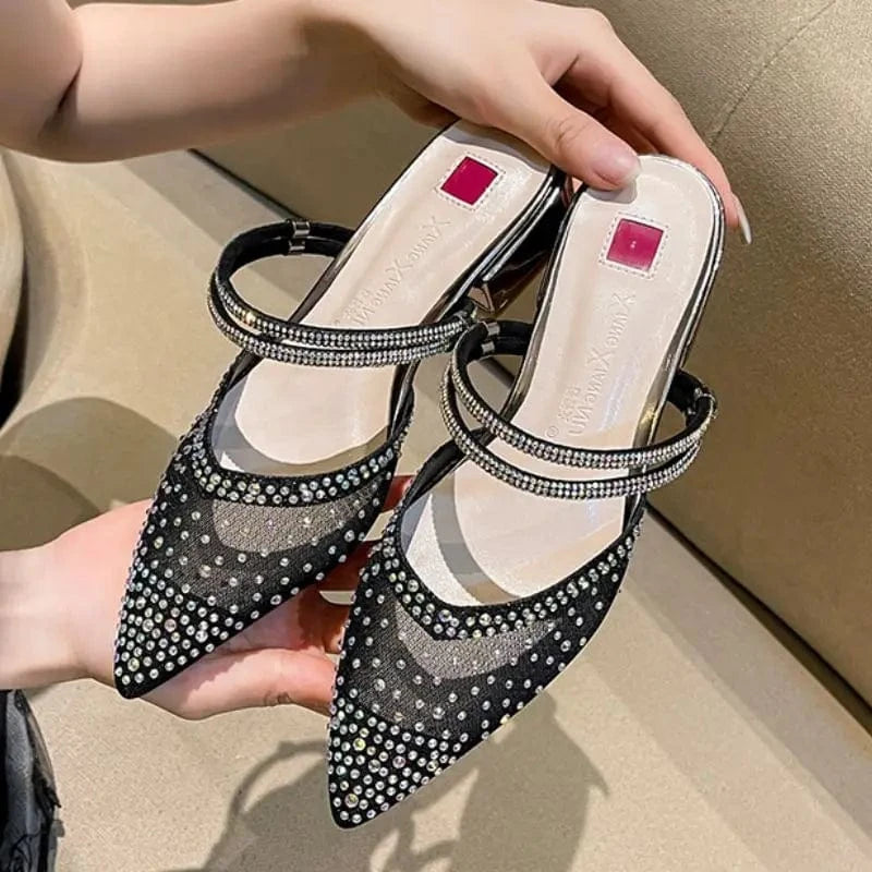 Size 31-43 Low 3CM Block Pointy Toe Sandals RTS Product Mesh Pumps Gold Luxury Heels for Woman
