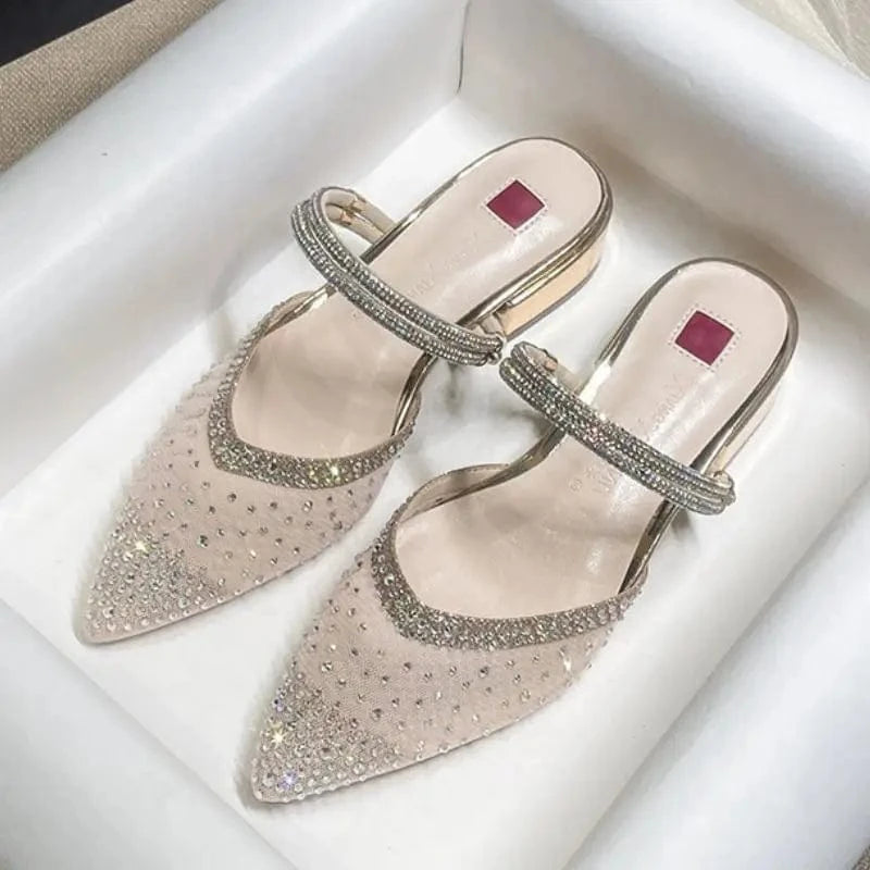 Size 31-43 Low 3CM Block Pointy Toe Sandals RTS Product Mesh Pumps Gold Luxury Heels for Woman