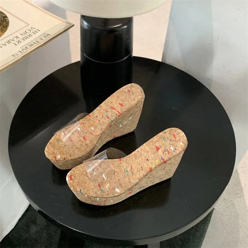 size 34=US size3.5 / Wood Grain color Hot transparent fish mouth high-end wedge slippers 2024 New