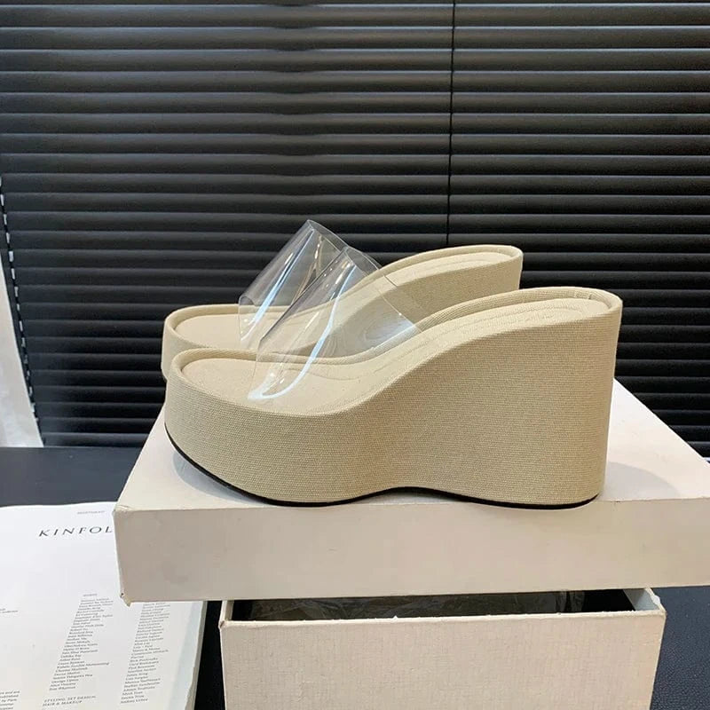 size 35=US size 4 / Apricot 2024 Summer new fashion all-match thick-soled sandals comfortable platform bottom transparent leg-showing long sandals