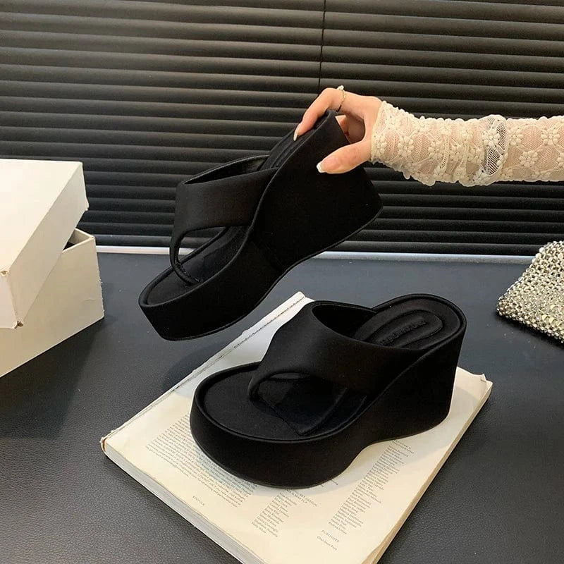 size 35=US size 4 / Black PU 2024 summer hot girl slippers 10cm muffin thick bottom wedge flip-flops women's sandals