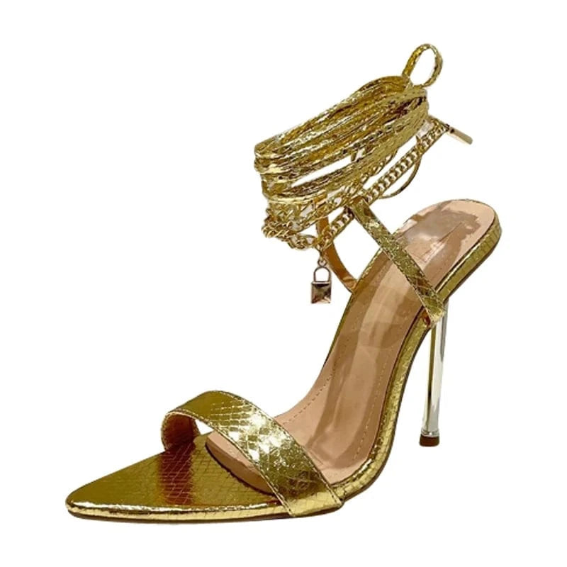size 35=US size 4 / Gold 2024 European and American metal high-heeled metal chain Roman strappy pointed toe stiletto sandals