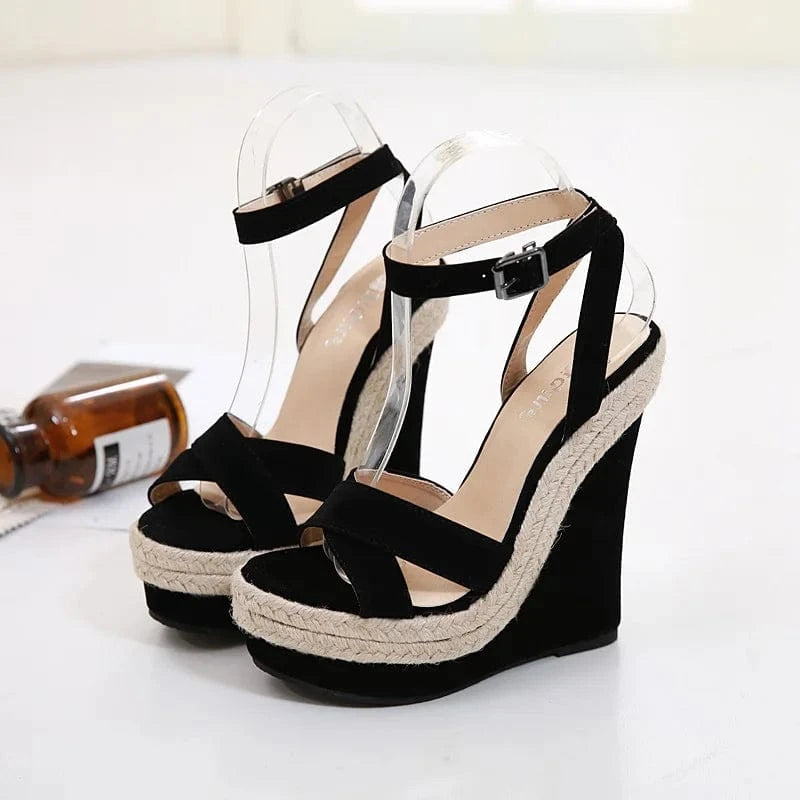 size 36=US size 5 / Black 2024 European and American street shot show hemp rope comfortable wedge sandals