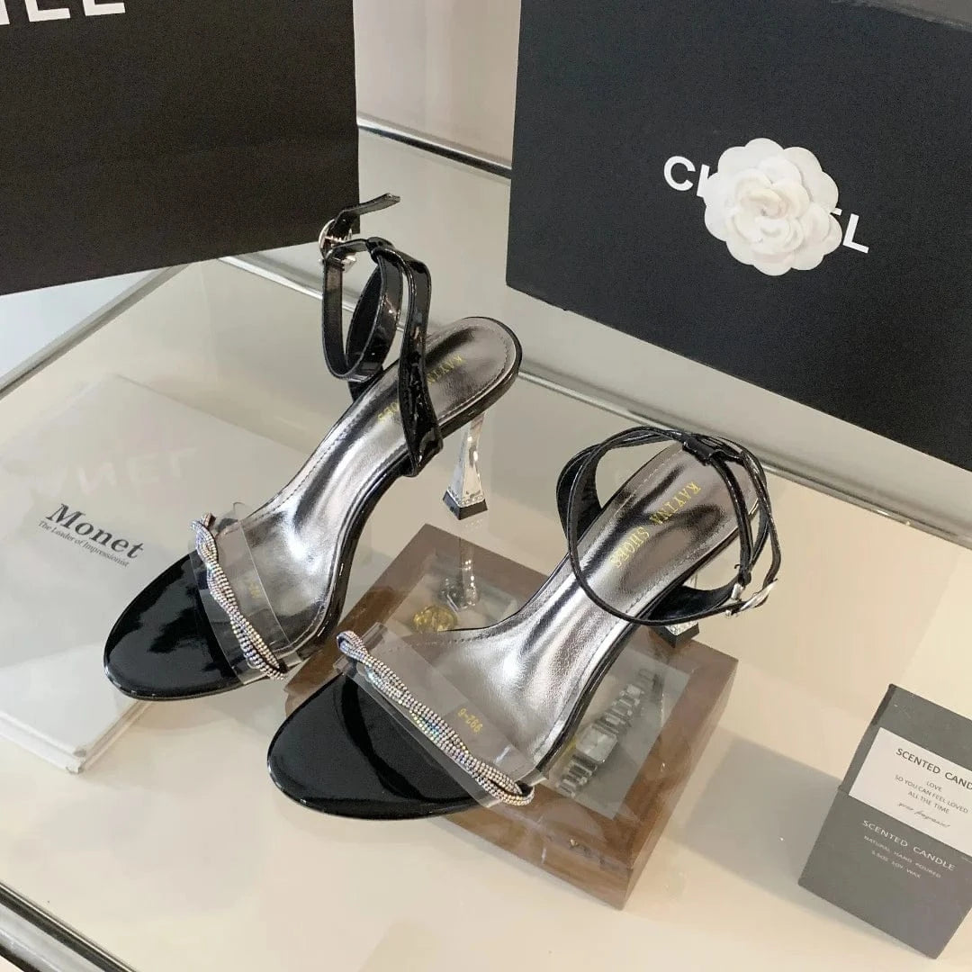 size 37=US size 6 / Black 2024 new summer open toe with light luxury fashion rhinestone high heels thin heel black all-match sandals for women