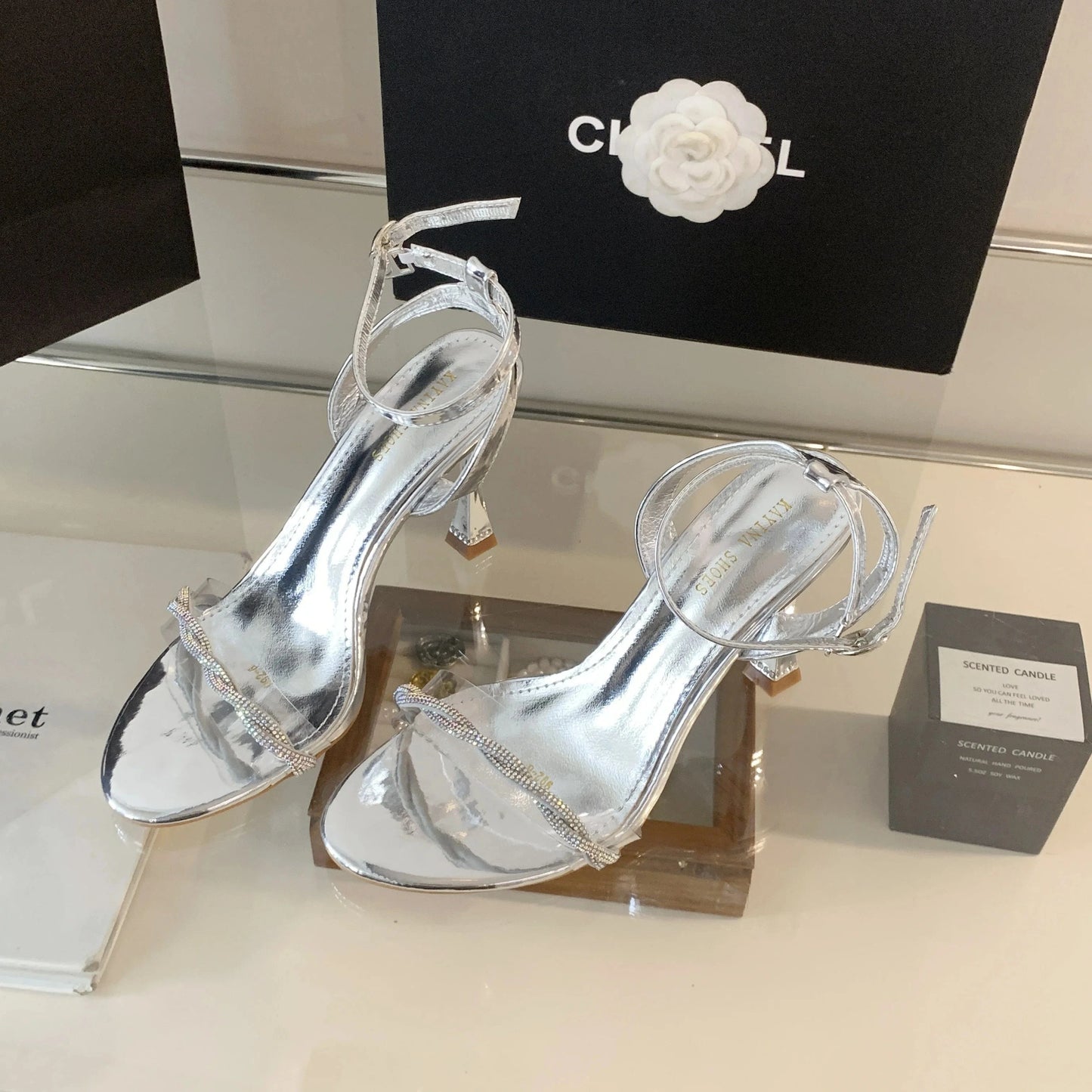 size 37=US size 6 / silver 2024 new summer open toe with light luxury fashion rhinestone high heels thin heel black all-match sandals for women