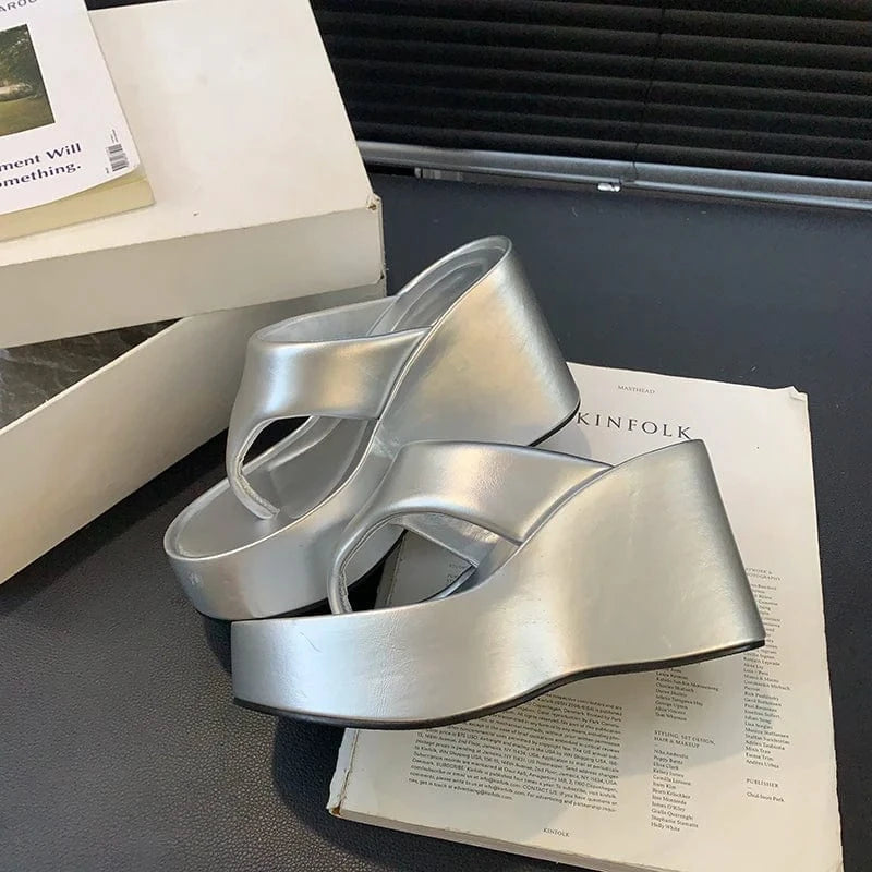 size 37=US size 6 / silver 2024 summer hot girl slippers 10cm muffin thick bottom wedge flip-flops women's sandals