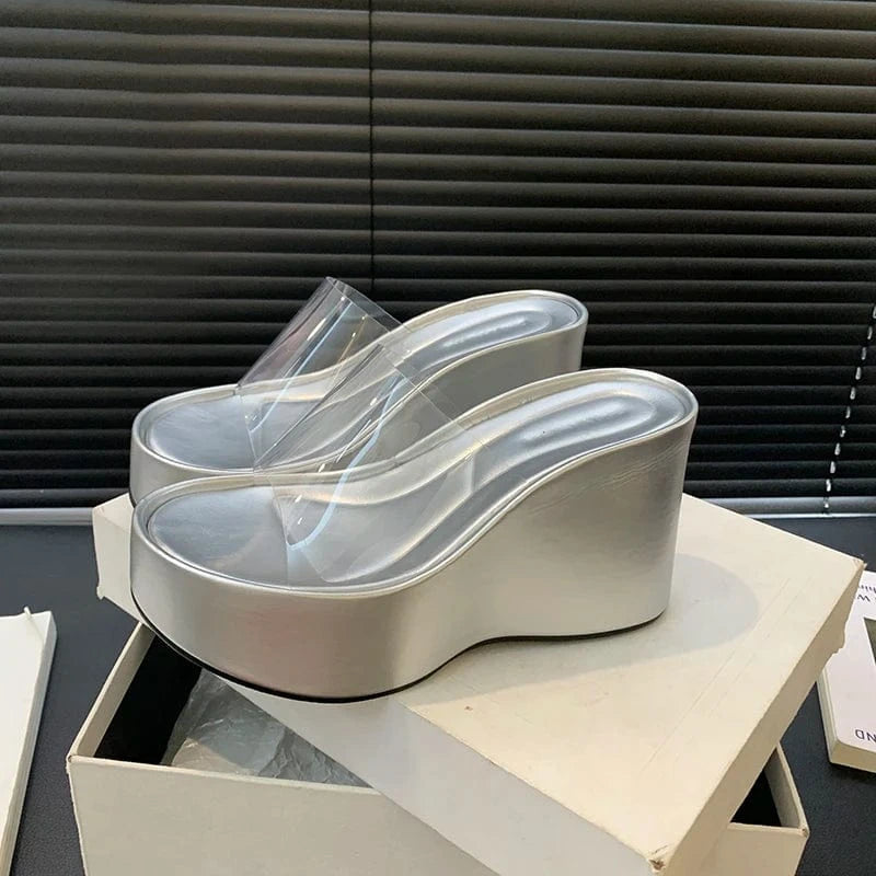 size 37=US size 6 / silver 2024 Summer new fashion all-match thick-soled sandals comfortable platform bottom transparent leg-showing long sandals