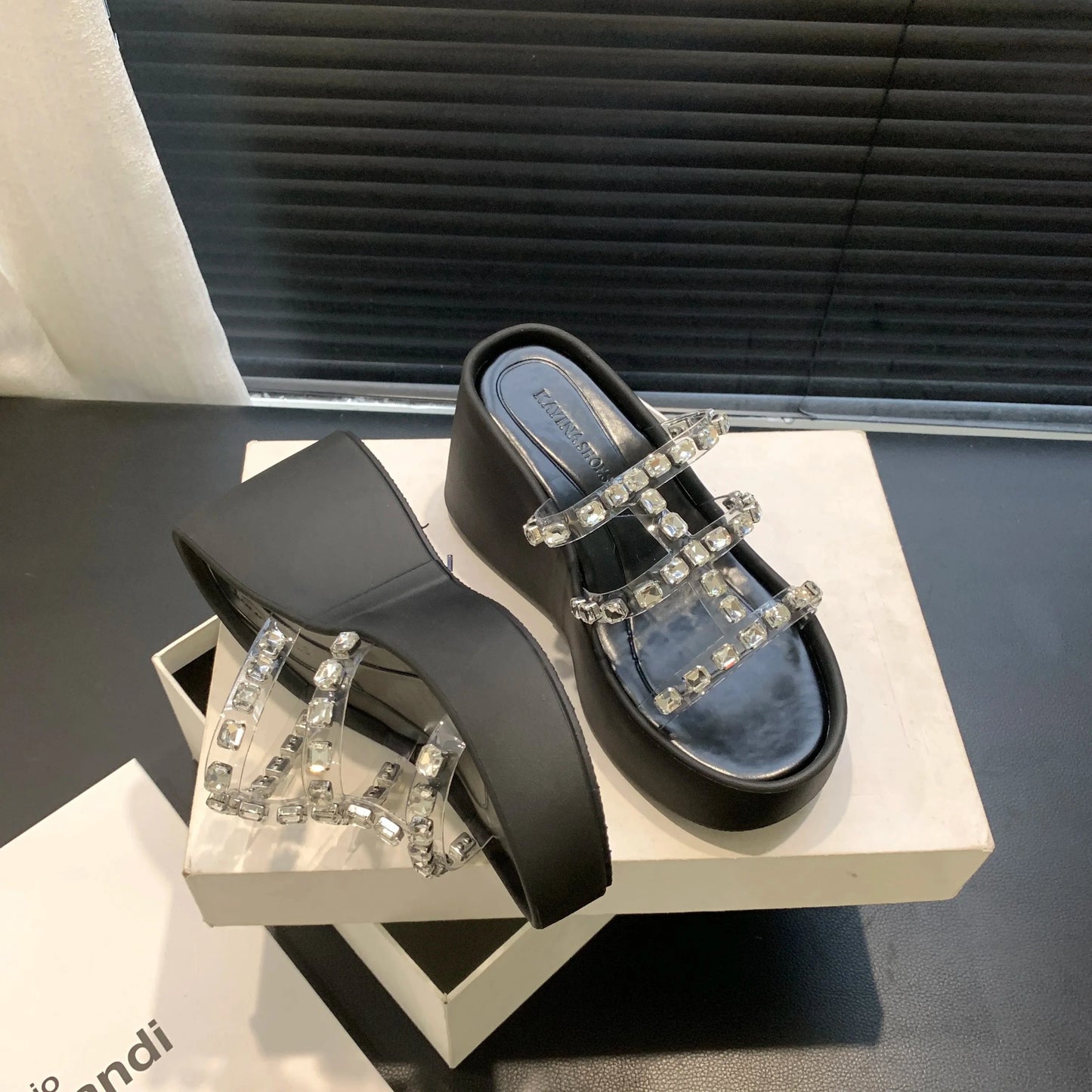size 39=US size 8 / Black 2024 Summer new fashion all-match outdoor wedge thick bottom rhinestone sandals pu women's shoes