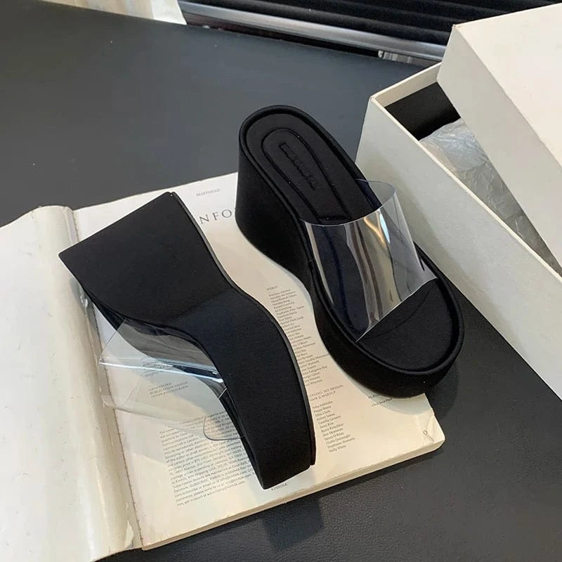 size 40=US size 9 / Black 2024 Summer new fashion all-match thick-soled sandals comfortable platform bottom transparent leg-showing long sandals