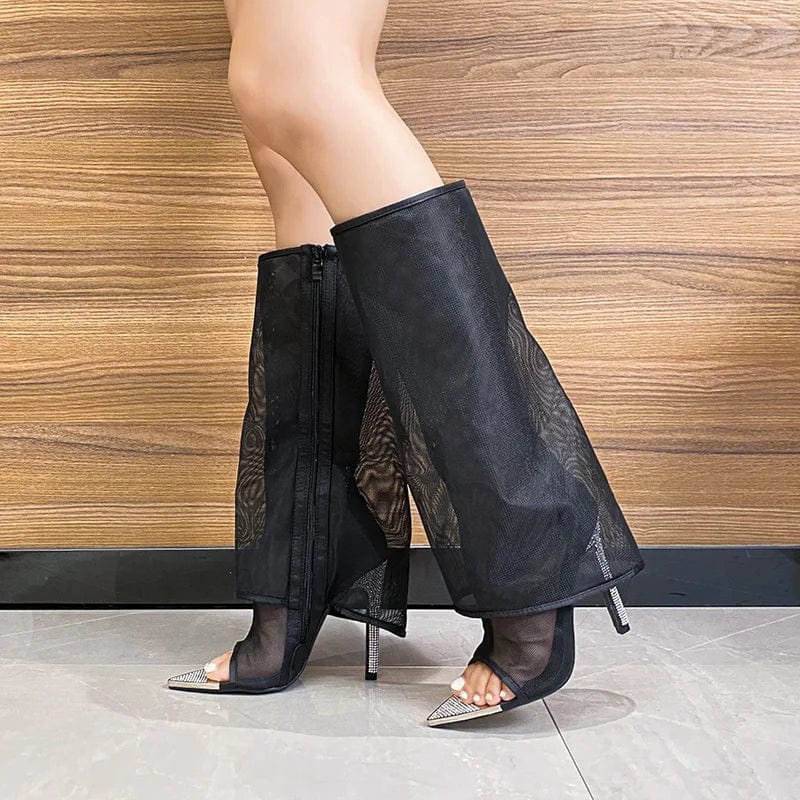 size 40=US size 9 / Black Fashion 2024 hot sale factory ready stock mesh iron head rhinestone decorative pointed zipper high heel cool boots 42