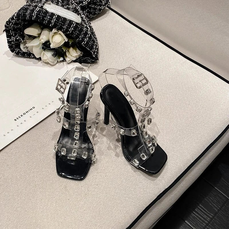 size 42=US size 11 / Black 2025 Summer New Style Sexy Transparent Belt Rhinestone Square Toe Thin Heel Sandals