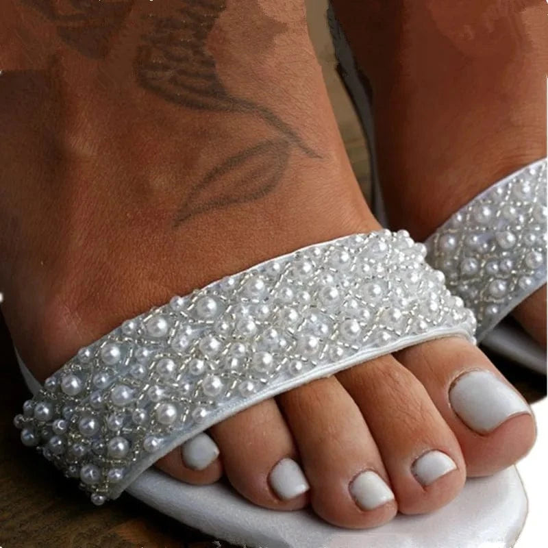 Size 43 White Pearl High Quality Sandals Ladies Chunky Block Heels for Women