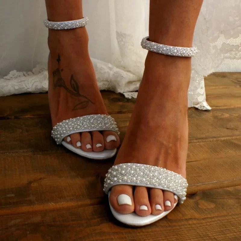 Size 43 White Pearl High Quality Sandals Ladies Chunky Block Heels for Women
