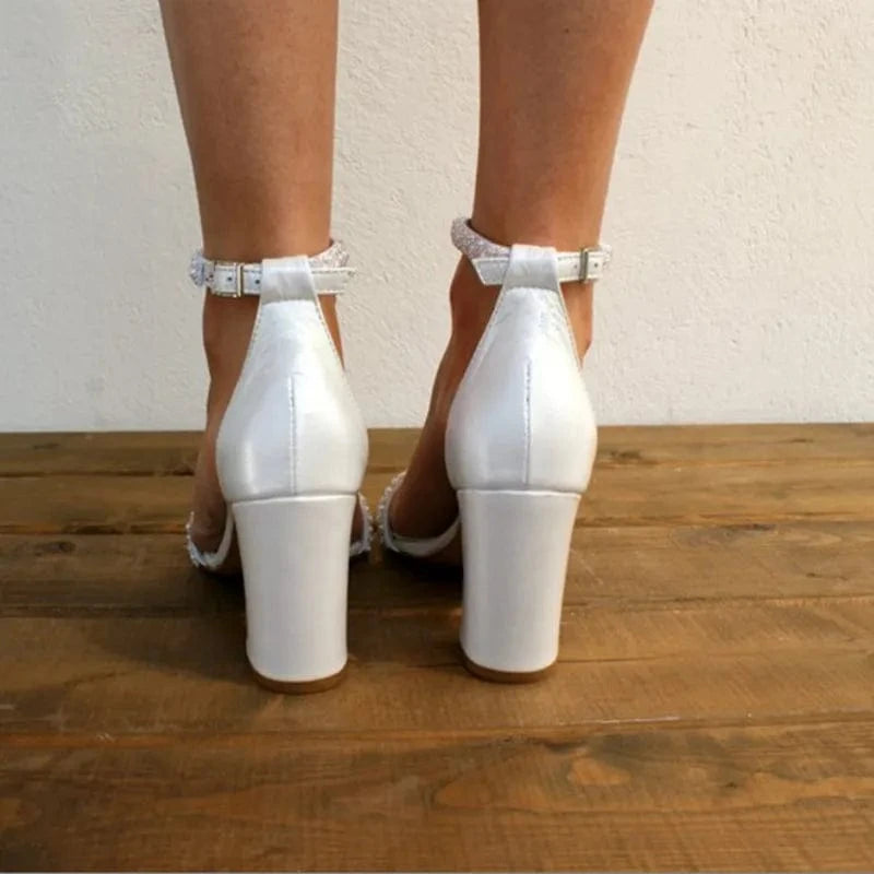 Size 43 White Pearl High Quality Sandals Ladies Chunky Block Heels for Women