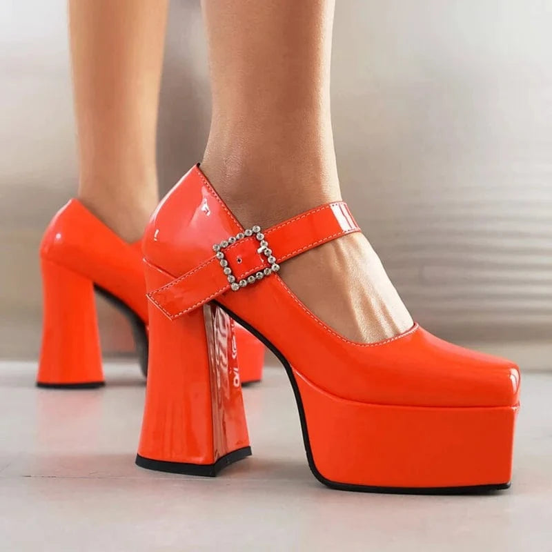Size 45 Wide Fit Ladies Pumps High Platform Chunky High Heels Shoe Square Toe Women Buckle Strap Mary Jane Shoes