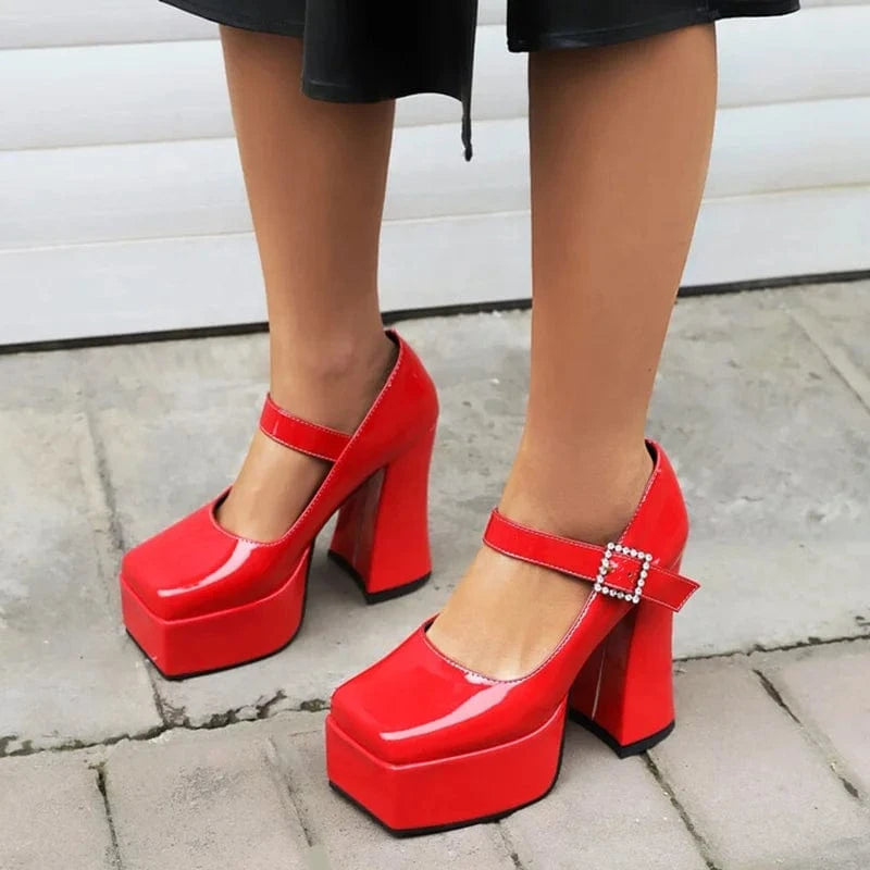 Size 45 Wide Fit Ladies Pumps High Platform Chunky High Heels Shoe Square Toe Women Buckle Strap Mary Jane Shoes