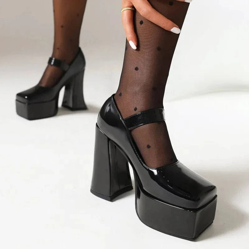 Size 45 Wide Fit Ladies Pumps High Platform Chunky High Heels Shoe Square Toe Women Buckle Strap Mary Jane Shoes