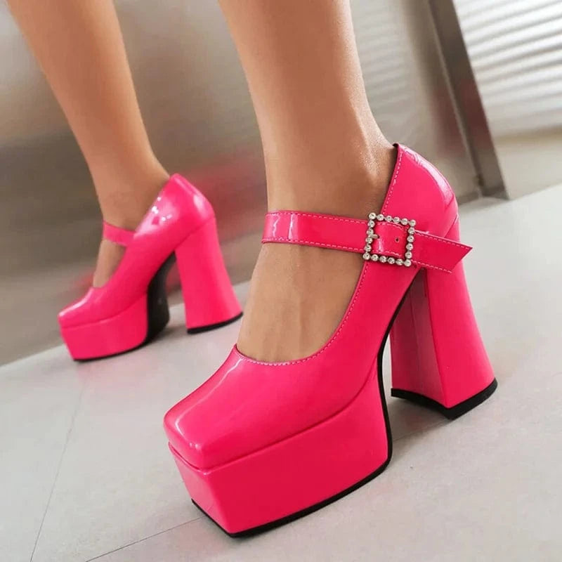 Size 45 Wide Fit Ladies Pumps High Platform Chunky High Heels Shoe Square Toe Women Buckle Strap Mary Jane Shoes