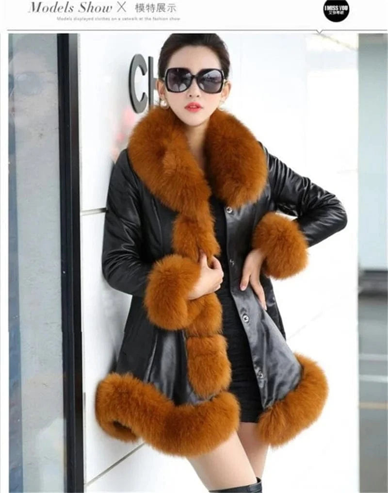 Size 6XL Women's Clothing Autumn Winter Imitation Fox Fur Big Fur Collar Thick Warm Female's Leather Jacket Slim Fur Coat