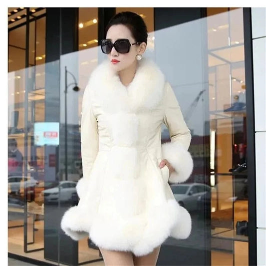 Size 6XL Women's Clothing Autumn Winter Imitation Fox Fur Big Fur Collar Thick Warm Female's Leather Jacket Slim Fur Coat