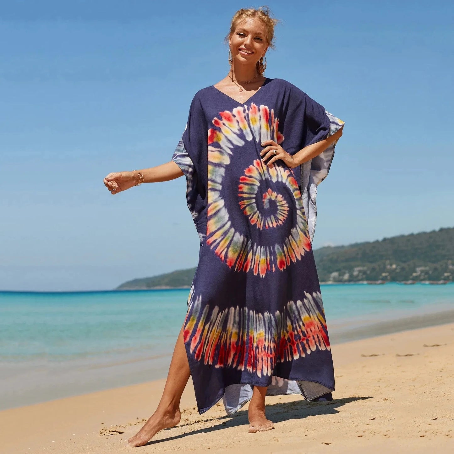 Size fits all / 19-navy blue color circle DAMOCHIC Fashion Cover Up Swimwear Women Plus Size Swim Suit Cover Ups Kaftan Sarong Rayon Print Long Maxi Beach Dresses 2023