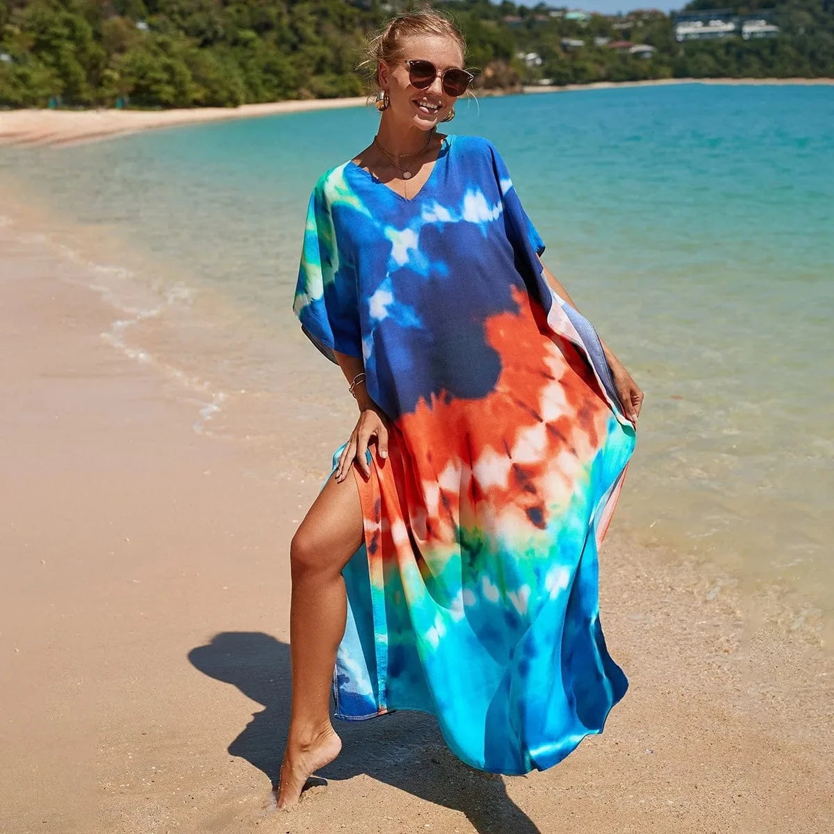 Size fits all / 22-Blue Orange Simi DAMOCHIC Fashion Cover Up Swimwear Women Plus Size Swim Suit Cover Ups Kaftan Sarong Rayon Print Long Maxi Beach Dresses 2023