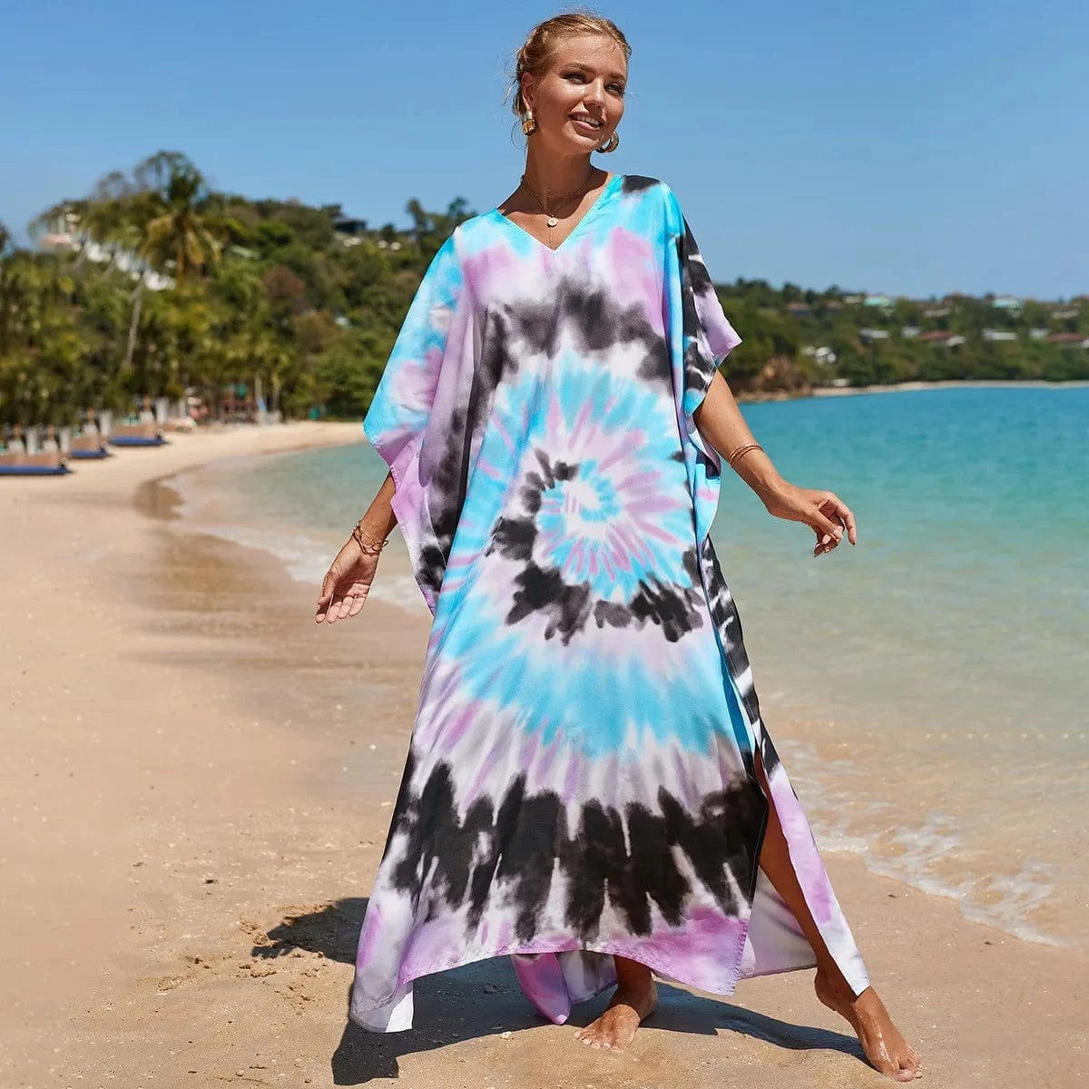 Size fits all / 23-Pink Blue Black DAMOCHIC Fashion Cover Up Swimwear Women Plus Size Swim Suit Cover Ups Kaftan Sarong Rayon Print Long Maxi Beach Dresses 2023
