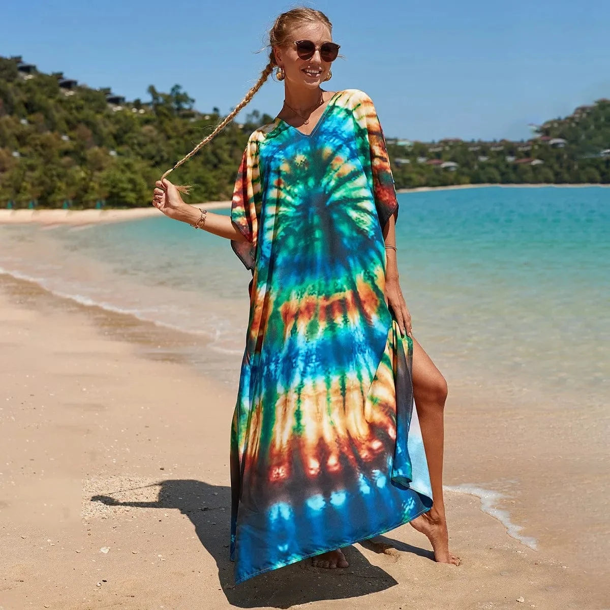 Size fits all / 27-Green Orange DAMOCHIC Fashion Cover Up Swimwear Women Plus Size Swim Suit Cover Ups Kaftan Sarong Rayon Print Long Maxi Beach Dresses 2023