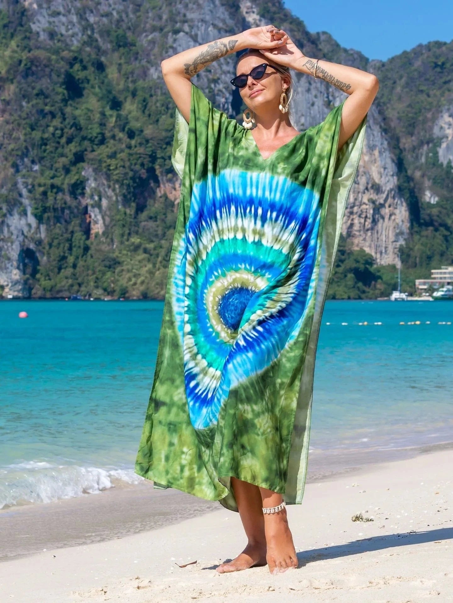 Size fits all / 37-Army Green Blue Circle DAMOCHIC Fashion Cover Up Swimwear Women Plus Size Swim Suit Cover Ups Kaftan Sarong Rayon Print Long Maxi Beach Dresses 2023
